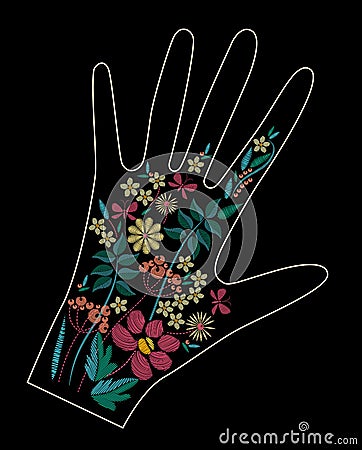 Satin stitch embroidery design with colorful flowers. Folk line floral trendy pattern on glove decor. Ethnic fashion Vector Illustration