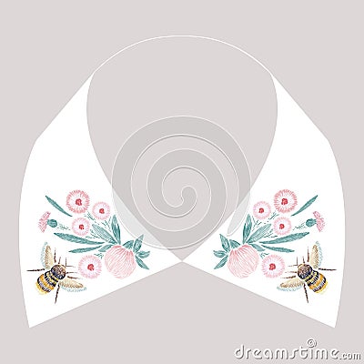 Satin stitch embroidery design with flowers and bee. Folk line floral trendy pattern for dress collar. Natural fashion Vector Illustration