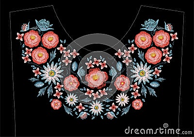 Satin stitch embroidery design with flowers. Folk line floral trendy pattern for dress neckline. Ethnic colorful fashion Vector Illustration