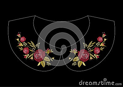 Satin stitch embroidery design with roses. Folk line floral trendy pattern for dress collar. Vector Illustration