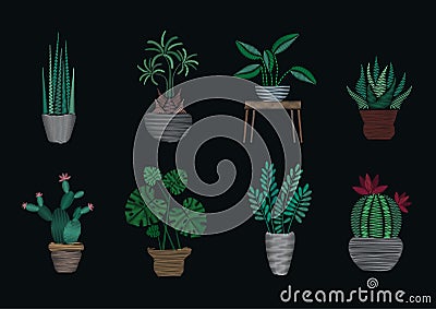 Satin stitch embroidery design templates collection. Trendy houseplants on black background. Vector Illustration