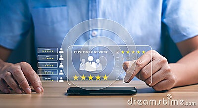 Satisfaction Concept and customer service. User give rating to service experience. Customer Opinion Survey. good and impressive, Stock Photo
