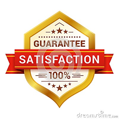 Satisfaction guaranteed badge with ribbon, stars, gold frame. 100 percent risk free, high quality. Vector Illustration