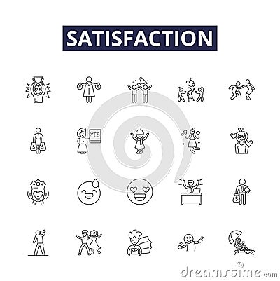 Satisfaction line vector icons and signs. Bliss, exhilaration, gratification, achievement, glee, gratification, delight Vector Illustration