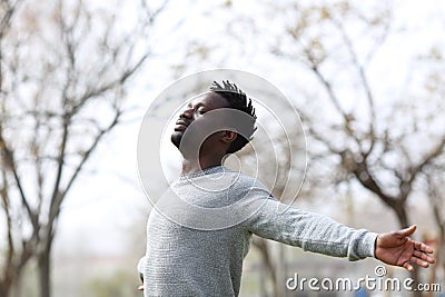 Satisfied black man breathing fresh air in the park Stock Photo