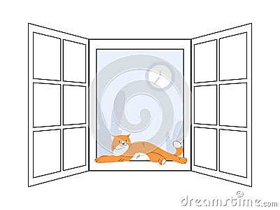 Satisfied cat rest on window frame. Red fluffy kitten pleased, pet relax on spring or summer. Cute vector animal sleep Vector Illustration