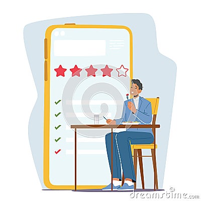 Satisfied Foodie Character Sitting at Table Enjoying Delicious Meals. Food Blogger or Critic Visiting Restaurant Vector Illustration