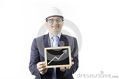 Satisfied overconfident handsome constructor holds upward trend graph smiling Stock Photo