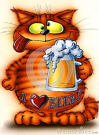 Satisfied red cat with beer Stock Photo