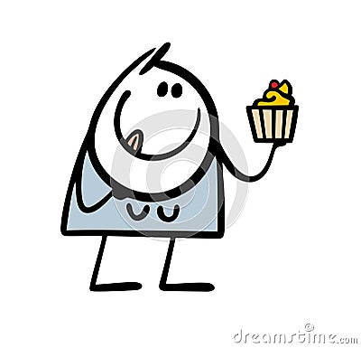 Satisfied woman is holding a cake with cream in her hand, licking her lips in anticipation. Vector illustration of a Vector Illustration