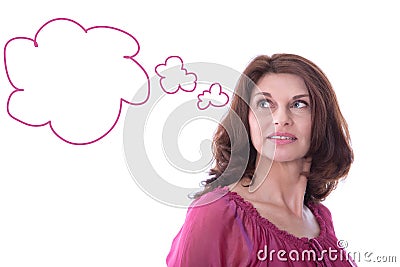 Satisfied woman with speech balloon isolated. Stock Photo