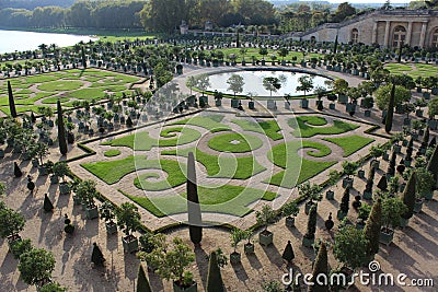 Satisfying, big and green yard of Versailles Castle in Paris, France, fountain, flowers and garden Stock Photo