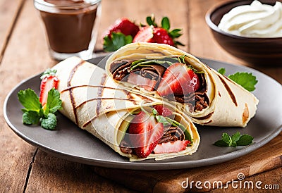 A satisfying wrap sandwich, but replace the tortilla wrap with a crepe filled with Nutella and strawberries Stock Photo