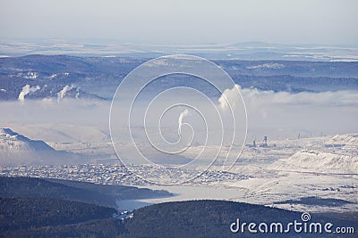 Satka town view from ridge Zyuratkul. Pipes. Winter Stock Photo