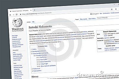 Satoshi Nakamoto Wikipedia information page. Editorial Stock Photo