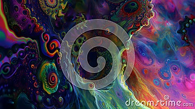 saturated colorful mad abstract background, random different shapes and objects, hallucinations of ancient shaman after Stock Photo