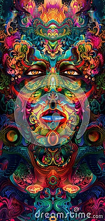 saturated colorful mad abstract background, random different shapes and objects, hallucinations of ancient shaman after Stock Photo