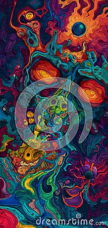 saturated colorful mad abstract background, random different shapes and objects, hallucinations of ancient shaman after Stock Photo