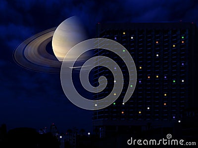 saturn back of high building night city Stock Photo