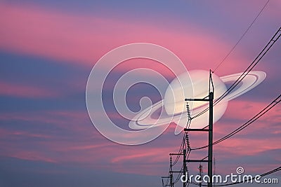 Saturn back on night cloud sunset sky silhouette power elecrtic Stock Photo