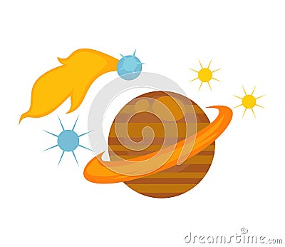 Saturn with big belt surrounded with stars and meteor Vector Illustration