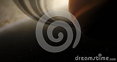 Saturn rings and stars. Sun rays and and a planet 3d illustration background Cartoon Illustration