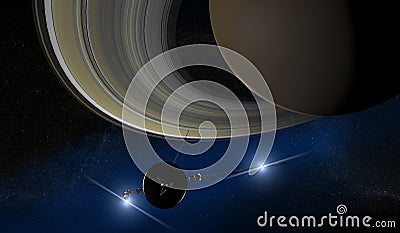 Saturn and Voyager probe, space Stock Photo