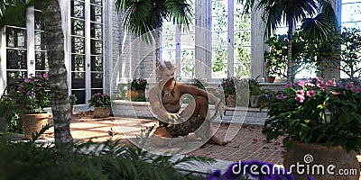 Satyr with cat in the greenhouse, 3D illustration Stock Photo