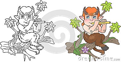 Satyr playing a flute while sitting on a branch Vector Illustration