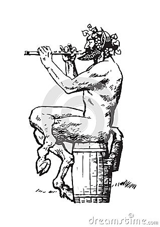 Satyr sitting on the barrel and playing the flute Vector Illustration