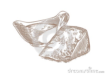 Sauce boat with white sauce and hard cheese Vector Illustration