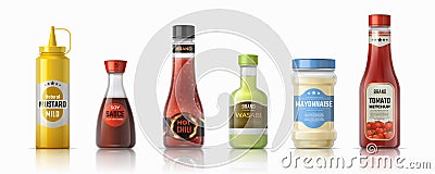 Sauce bottles. Ketchup mayonnaise and mustard realistic containers, hot chilli and soy sauces. Vector plastic and glass Vector Illustration