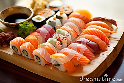 food fish roll japanese meal japan sushi seafood set rice. Generative AI. Stock Photo