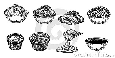 Sauce seasoning dip bowl hand drawn sketch. Bowls with mayonnaise, tomato ketchup, mustard, pesto, pickled ginger Vector Illustration