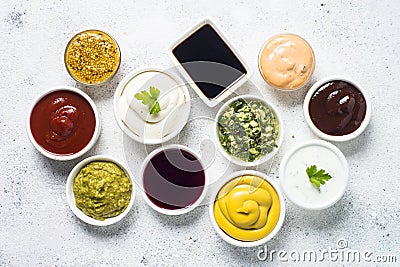 Sauce set assortment - mayonnaise, mustard, ketchup and others o Stock Photo