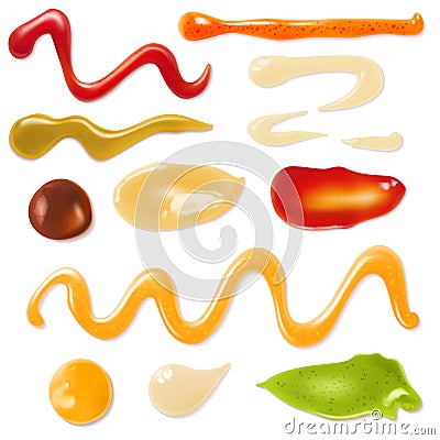 Sauce strips. Various sauces samples. Wasabi, ketchup and mayonnaise, mustard and guacamole. Tabasco, tomato chili Vector Illustration