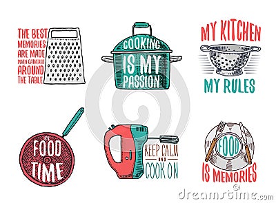 Saucepan and grater, colander and frying pan, mixer and plate. Baking or dirty kitchen utensils, cooking stuff. logo Vector Illustration