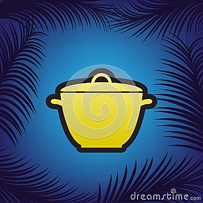 Saucepan simple sign. Vector. Golden icon with black contour at Vector Illustration