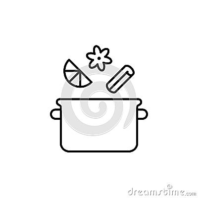 Saucepan with spices. Cooking mulled wine or compote on stove. Linear icon of brewing process. Cinnamon stick, citrus slice, star Vector Illustration
