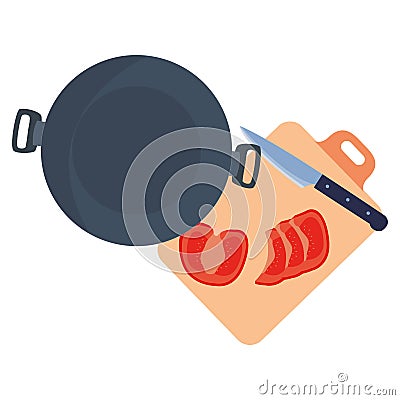 saucepan tomato knnife board preparation cooking Cartoon Illustration