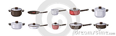 Saucepans, frying pans, soup pots, saute, stewpot and skillet set. Metal, aluminum, steel kitchenware with glass lids Vector Illustration