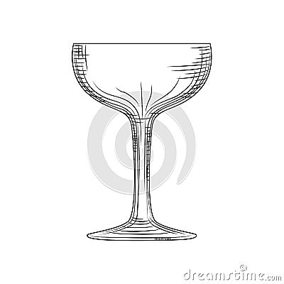 Saucer glass. Hand drawn champagne glass sketch. Empty sparkling wine glass Cartoon Illustration