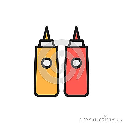 Sauces in bottles, ketchup, mustard, mayonnaise flat color line icon. Vector Illustration