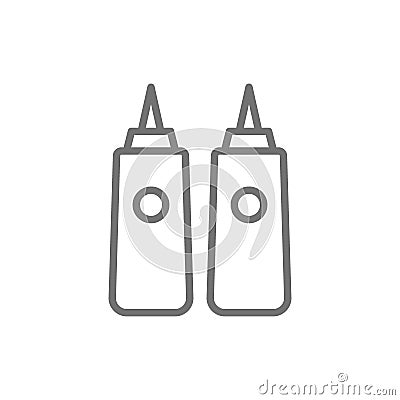 Sauces in bottles, ketchup, mustard, mayonnaise line icon. Vector Illustration