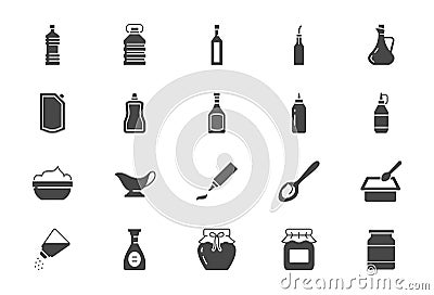 Sauces flat icons. Vector illustration include icon - jug, cup, vinegar, mayonnaise, ketchup, sour cream, cheese sauce Vector Illustration