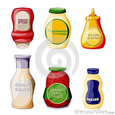 Sauces icons in glass jars and bottles. Cooking ingredients and condiment collection. Vector food cartoon illustration Vector Illustration