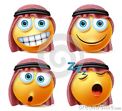 Saudi arab emoticons vector set. Saudi arab face emojis with sleeping, surprise and happy expressions. Vector Illustration