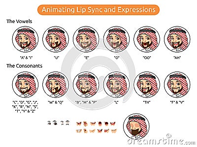 Saudi Arab Man Cartoon Character for Animating Lip Sync and Expressions Vector Illustration