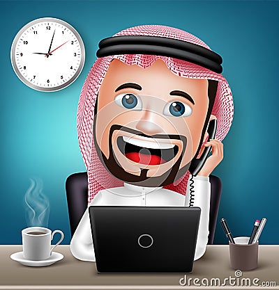 Saudi Arab Man Character Working on Office Desk Table Vector Illustration