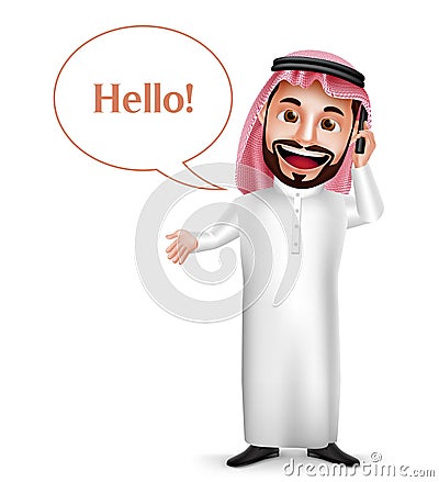 Saudi arab man vector character holding mobile phone calling Vector Illustration